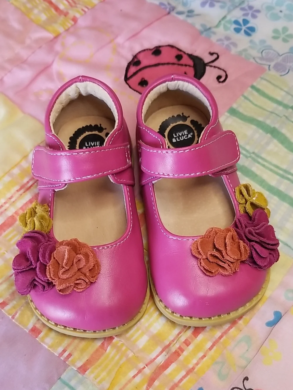 Livie & Luca Bright Pink Leather Mary Jane Shoes with Multicolor Suede Flowers 5